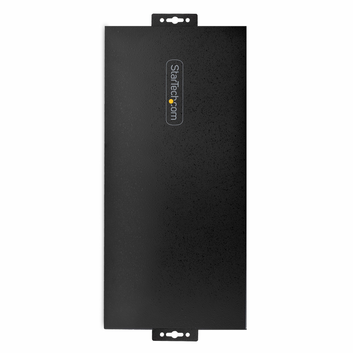 Eine schwarze rechteckige Platte mit dem Logo von StarTech.com. Sie hat Befestigungslöcher oben und unten, vor weißem Hintergrund.