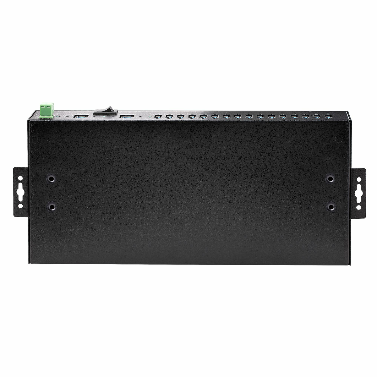 Ein schwarzes elektronisches Gerät mit mehreren Anschlüssen und einem Schalter. Es hat Halterungen an den Seiten und einen grünen Stecker.