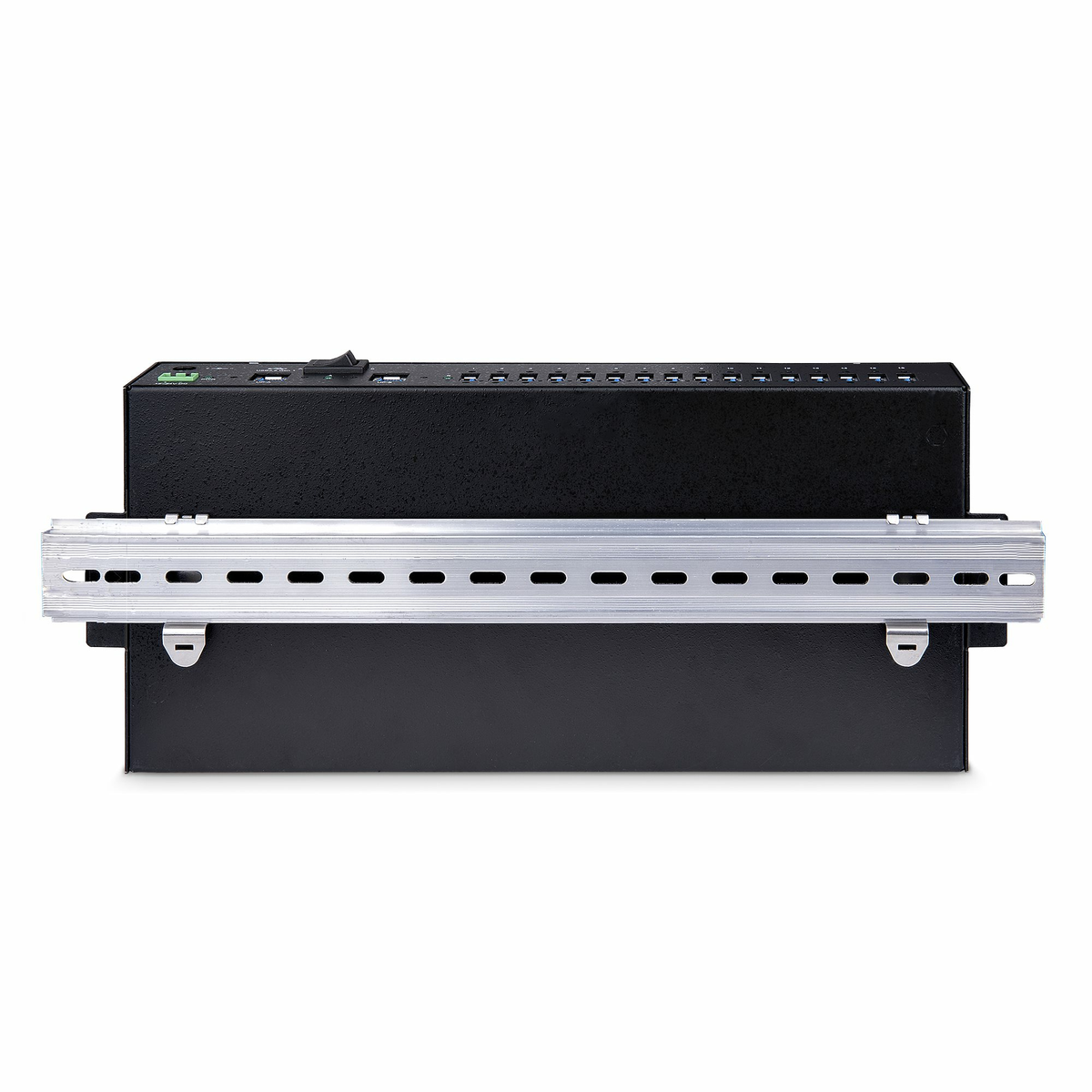 Ein schwarzes elektronisches Gerät mit mehreren Anschlüssen und einem Schalter, montiert mit einer silbernen Metallschiene auf weißem Hintergrund.