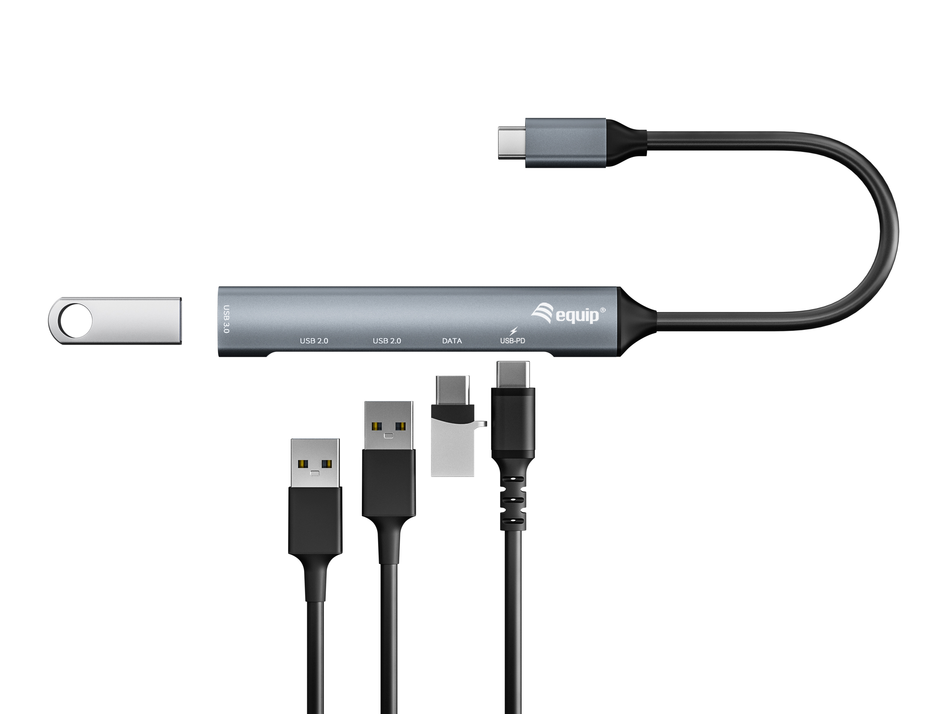 La imagen muestra un concentrador USB con diferentes conectores y una unidad flash USB. El concentrador es plateado.