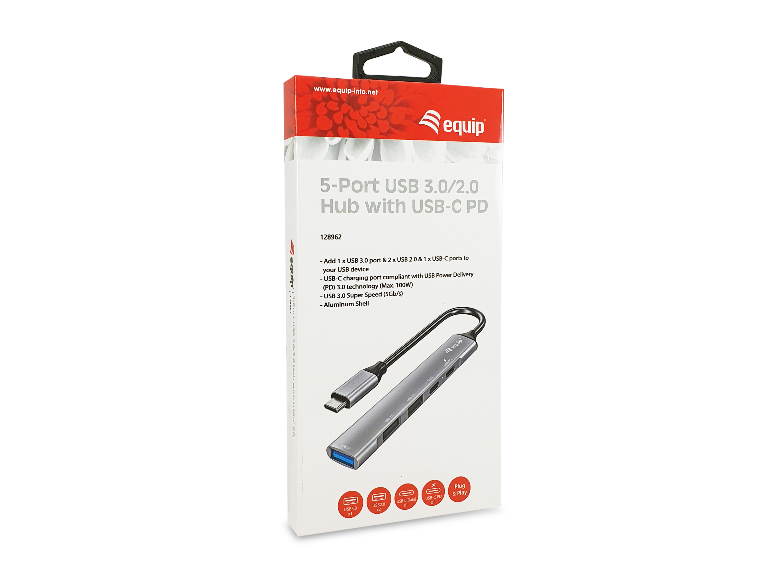 Una caja de producto muestra un hub USB de 5 puertos con USB-C PD. Se enumeran las características y los puertos.