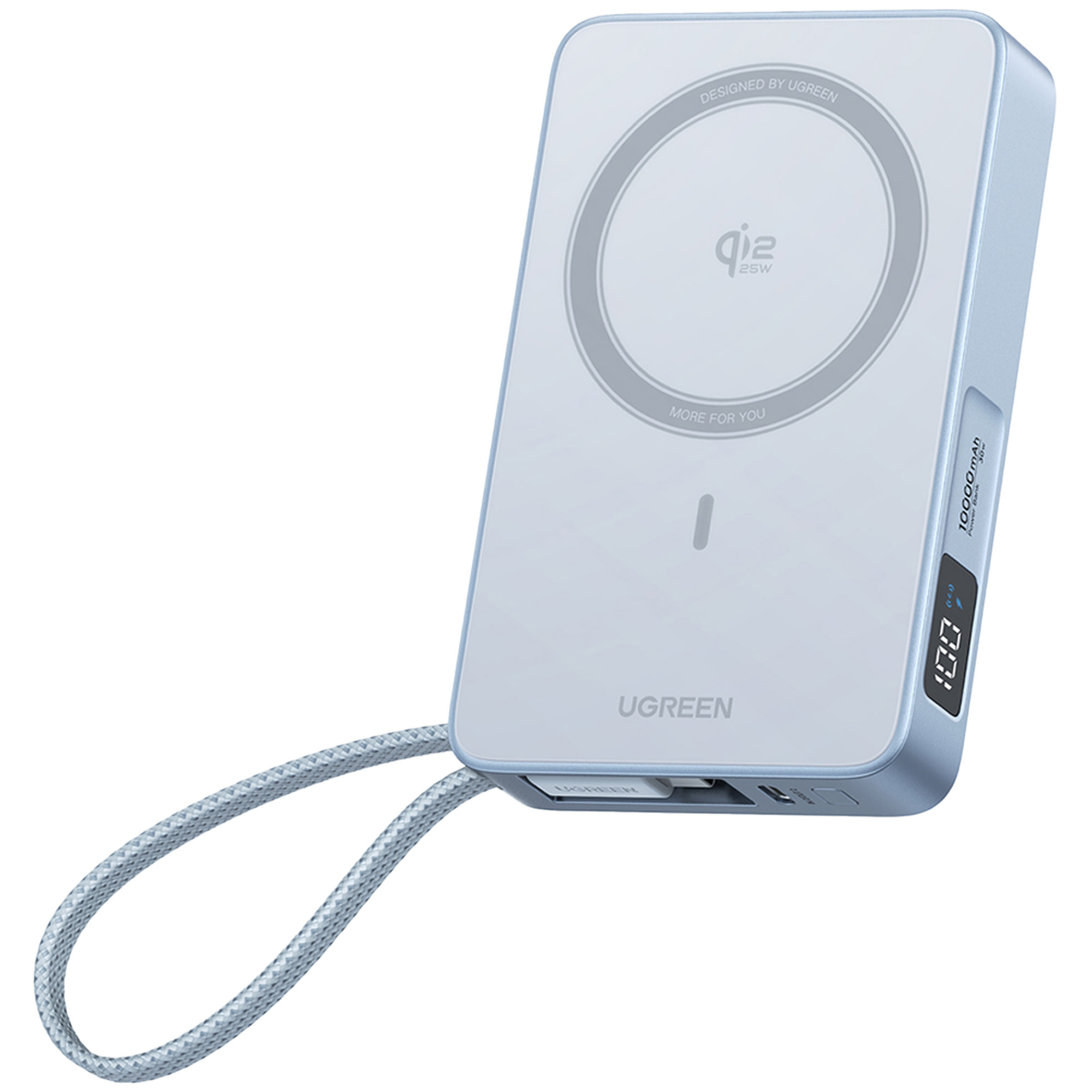 Jasnoniebieski power bank UGREEN ze srebrnym okręgiem. Posiada wyświetlacz cyfrowy pokazujący 100% i szary pasek.