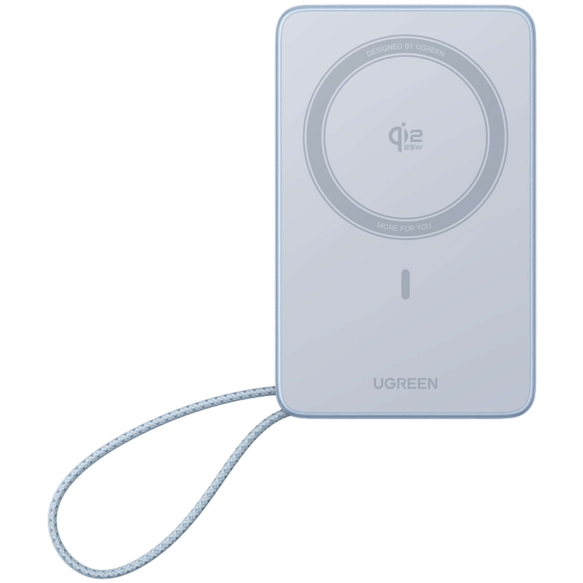 Jasnoniebieska ładowarka bezprzewodowa UGREEN Qi2 z kablem. Posiada okrągłą powierzchnię ładowania i logo marki.