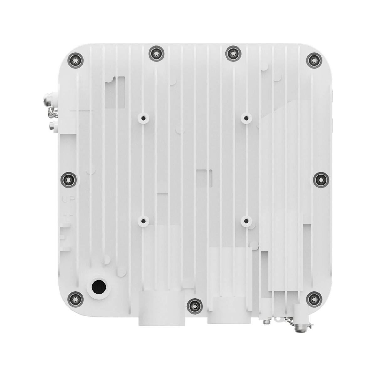 Dispositivo bianco e rettangolare con nervature verticali, teste di viti circolari e porte. Testo 'UP' visibile. Componenti metallici laterali.