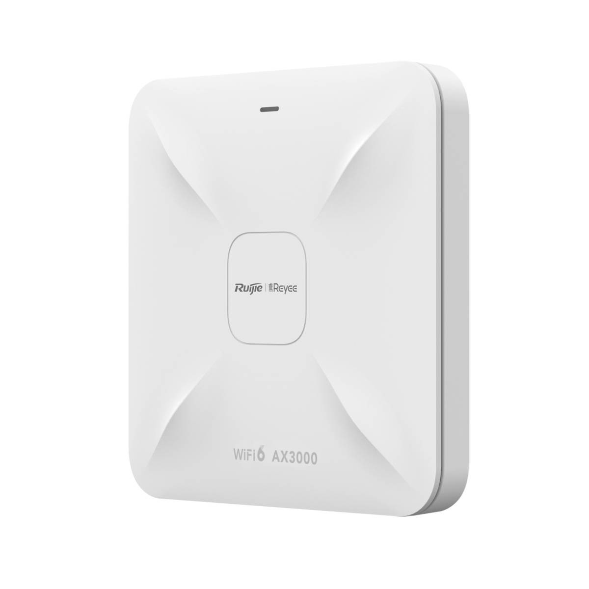 Un access point WiFi 6 AX3000 Ruijie Reyee bianco. Ha una forma quadrata con bordi curvi e una piccola spia luminosa.