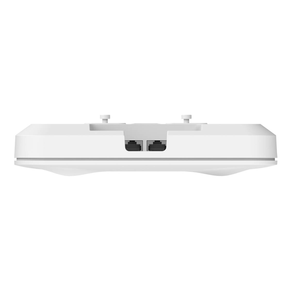 Un dispositivo bianco con due porte nere è centrato nell'immagine. Il dispositivo ha una forma rettangolare con bordi arrotondati.