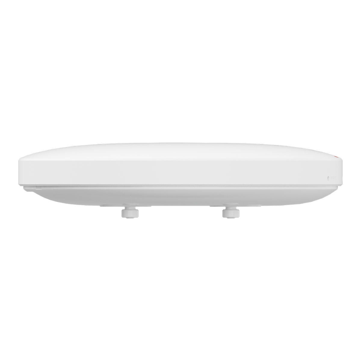 Un dispositivo bianco e arrotondato con due viti e una spia rossa è visibile su sfondo bianco.