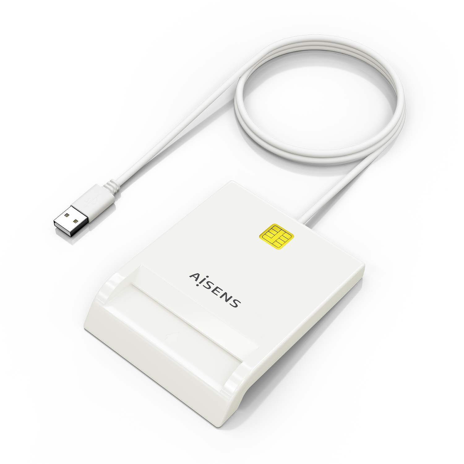 Un lector de tarjetas blanco con cable USB. El lector tiene la marca 'AiSens' y una ranura para tarjeta SIM.