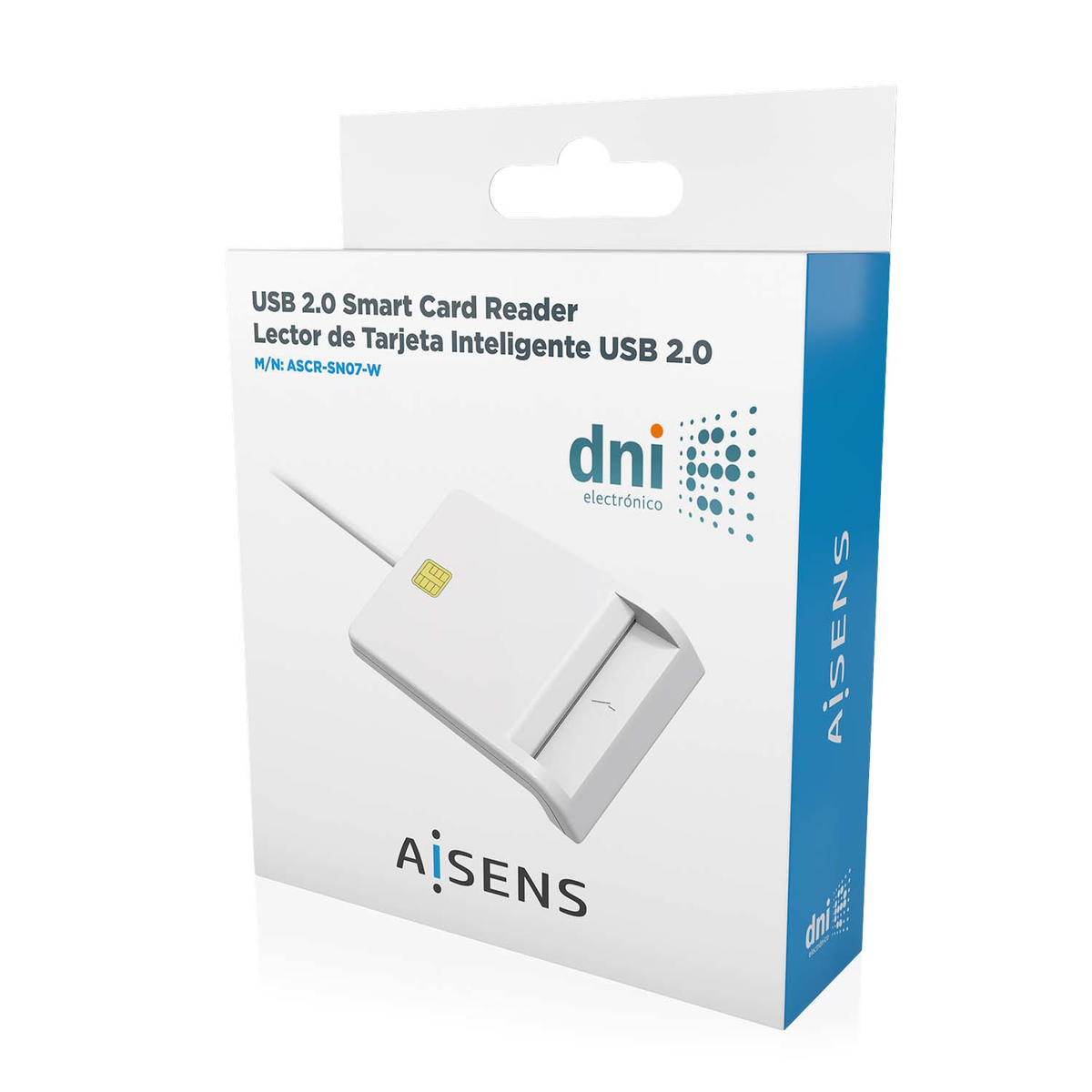 Un lector de tarjetas inteligentes USB blanco en su caja. La caja tiene texto en inglés y español, la marca es Aisens y DNI.