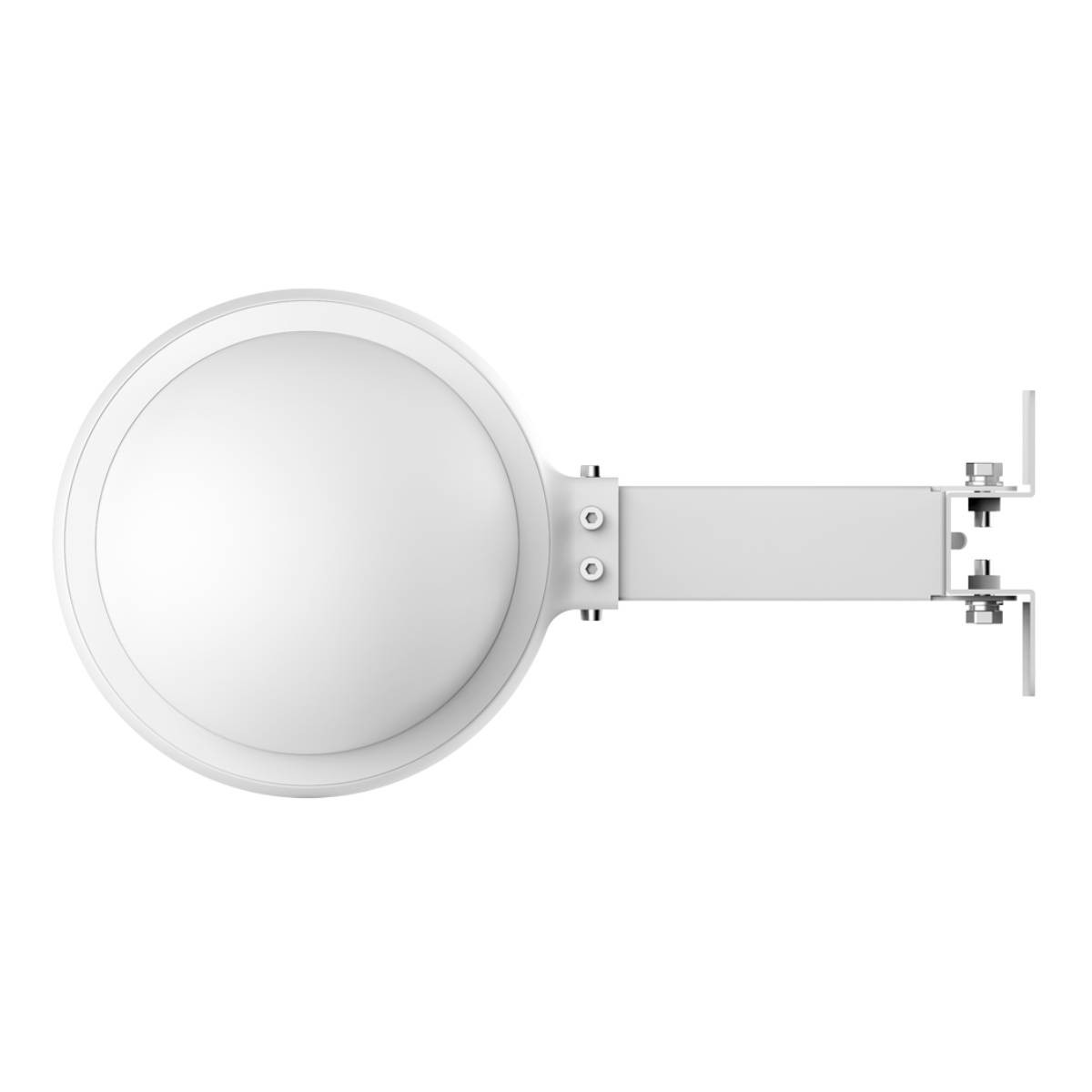 Dispositivo blanco y circular con brazo de conexión y soporte de montaje. El dispositivo está sobre un fondo blanco.