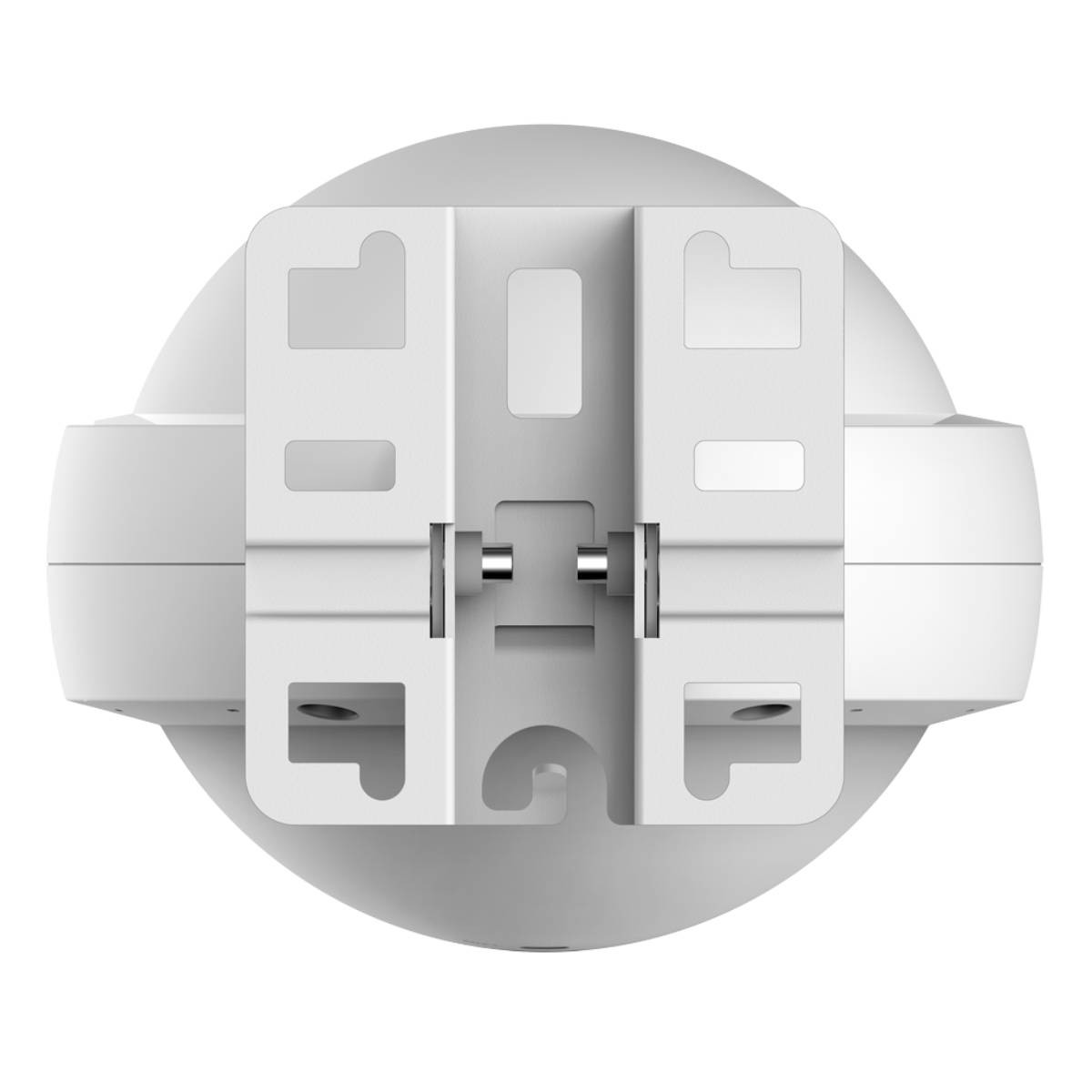 Un dispositivo blanco y redondo con un soporte de montaje. El soporte tiene recortes rectangulares y en forma de L. El dispositivo está sobre un fondo blanco.