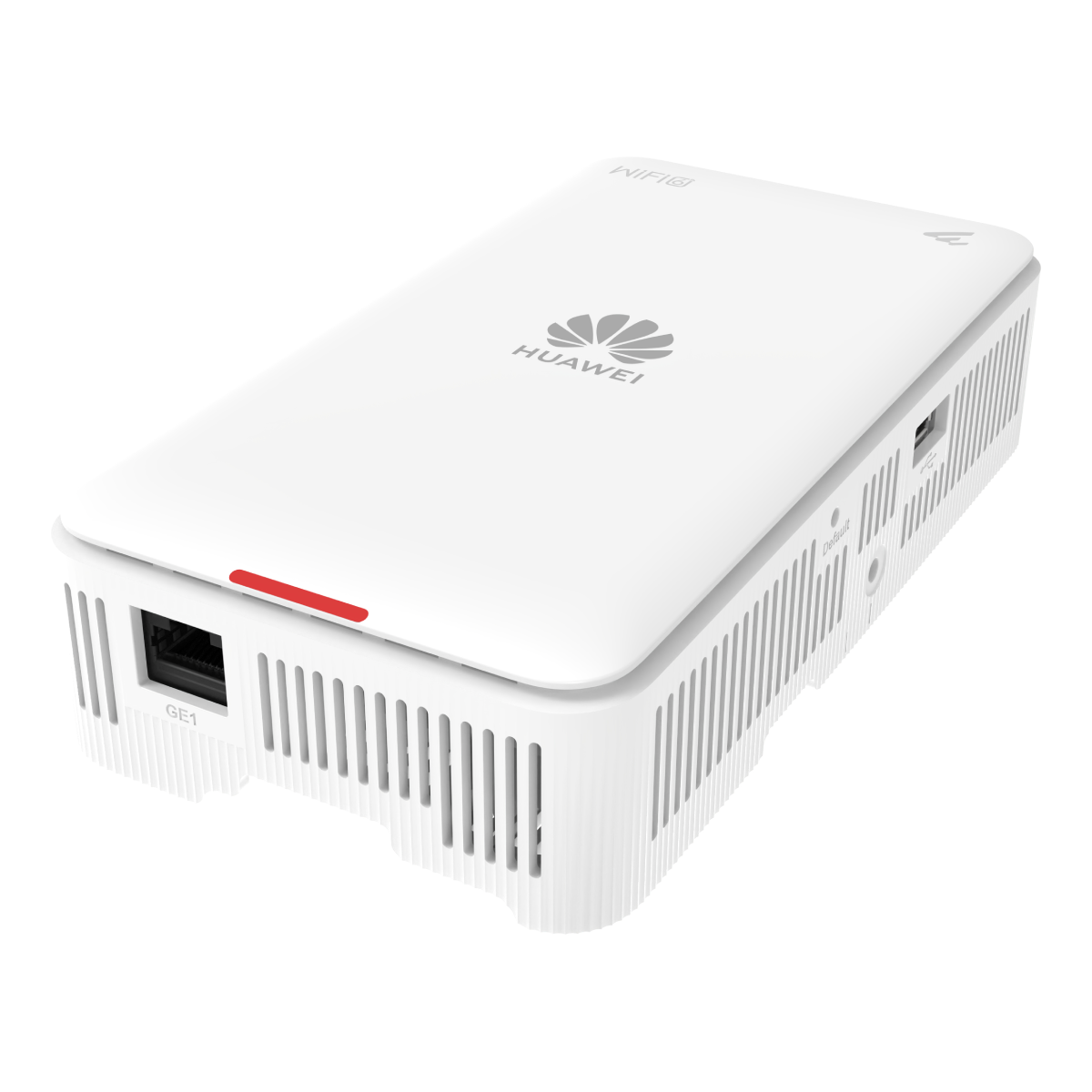 Un dispositivo WiFi Huawei bianco. Ha il logo Huawei e una luce rossa. Le porte sono visibili sul lato. La parola WiFi è scritta sopra.