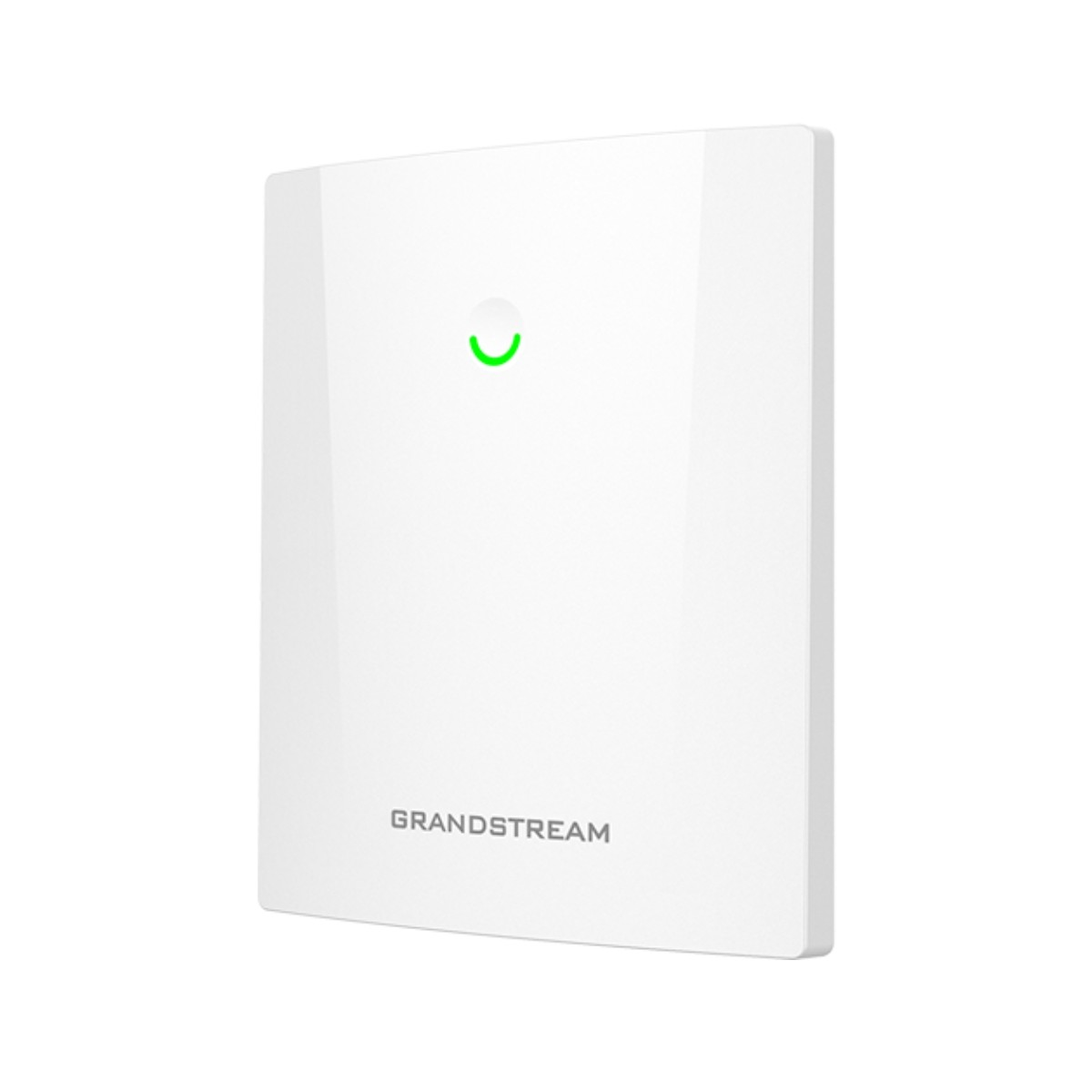 Dispositivo Grandstream bianco con una luce verde a forma di mezzaluna. Il nome del marchio è stampato.