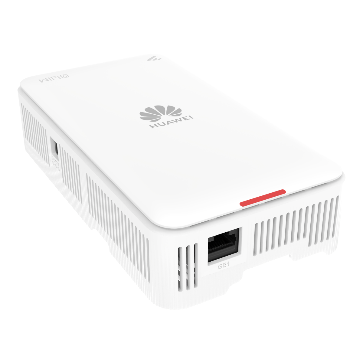 Un router WiFi Huawei bianco con LED rosso, porta GE1 e logo Huawei. Ha fessure di ventilazione verticali sui lati.