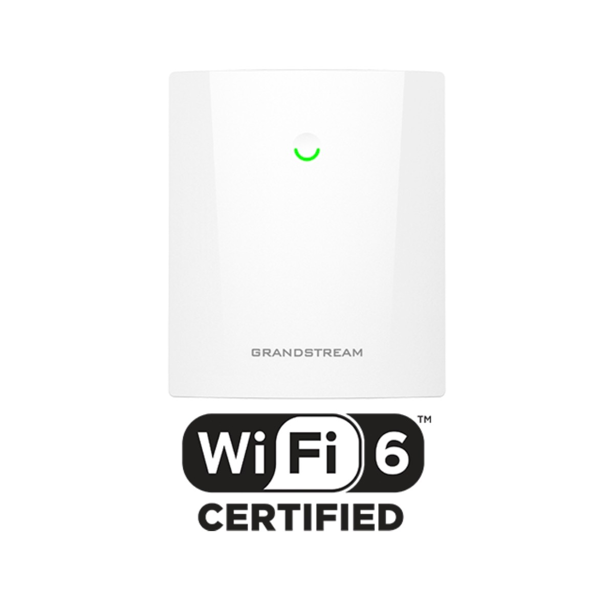 Un dispositivo Grandstream bianco con luce verde e logo Wi-Fi 6 Certified.