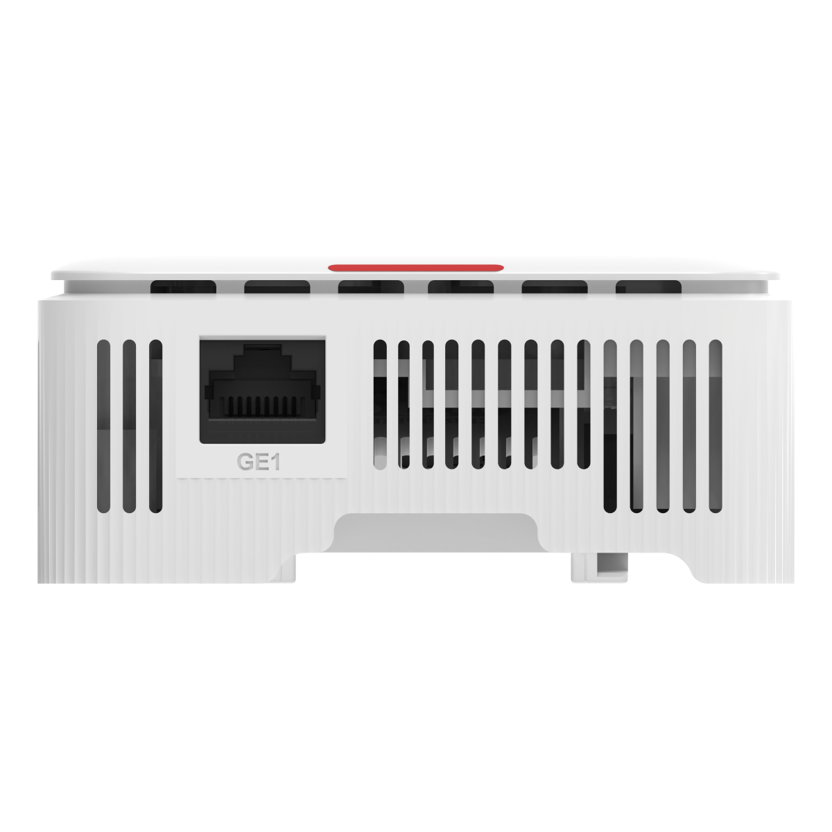 Dispositivo di rete bianco con fessure, una porta Ethernet etichettata GE1 e una striscia rossa. Isolato su sfondo bianco.