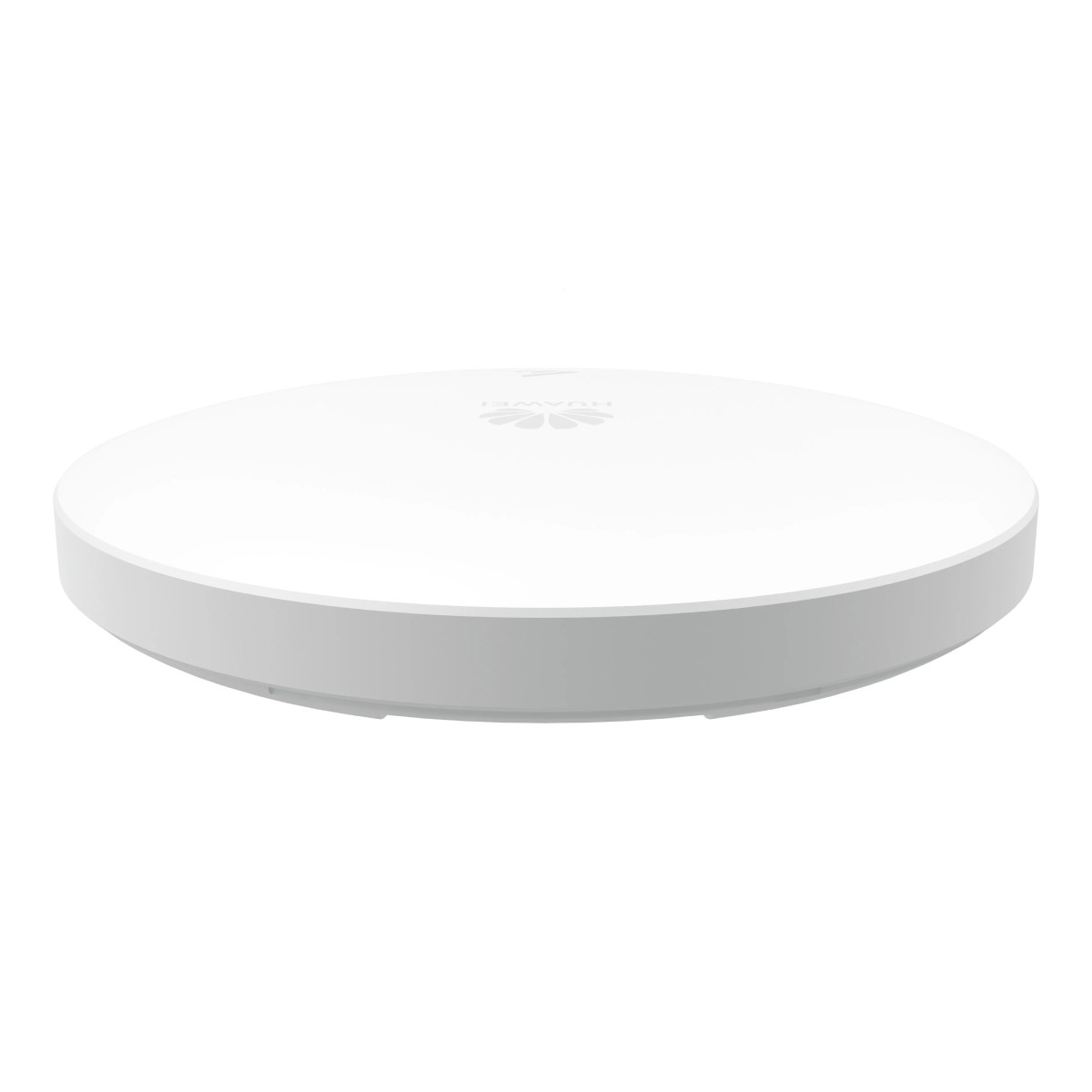 Un dispositivo bianco e rotondo con bordo grigio, logo Huawei in alto. È su sfondo bianco.