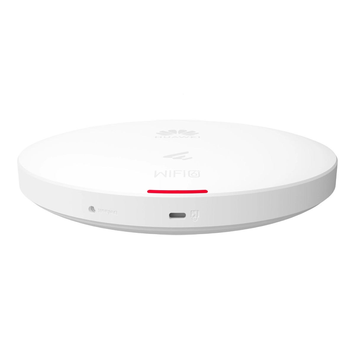 Un dispositivo Huawei WiFi 6 bianco e rotondo. Ha una luce rossa e la parola WIFI 6 stampata sopra. C'è un pulsante predefinito.
