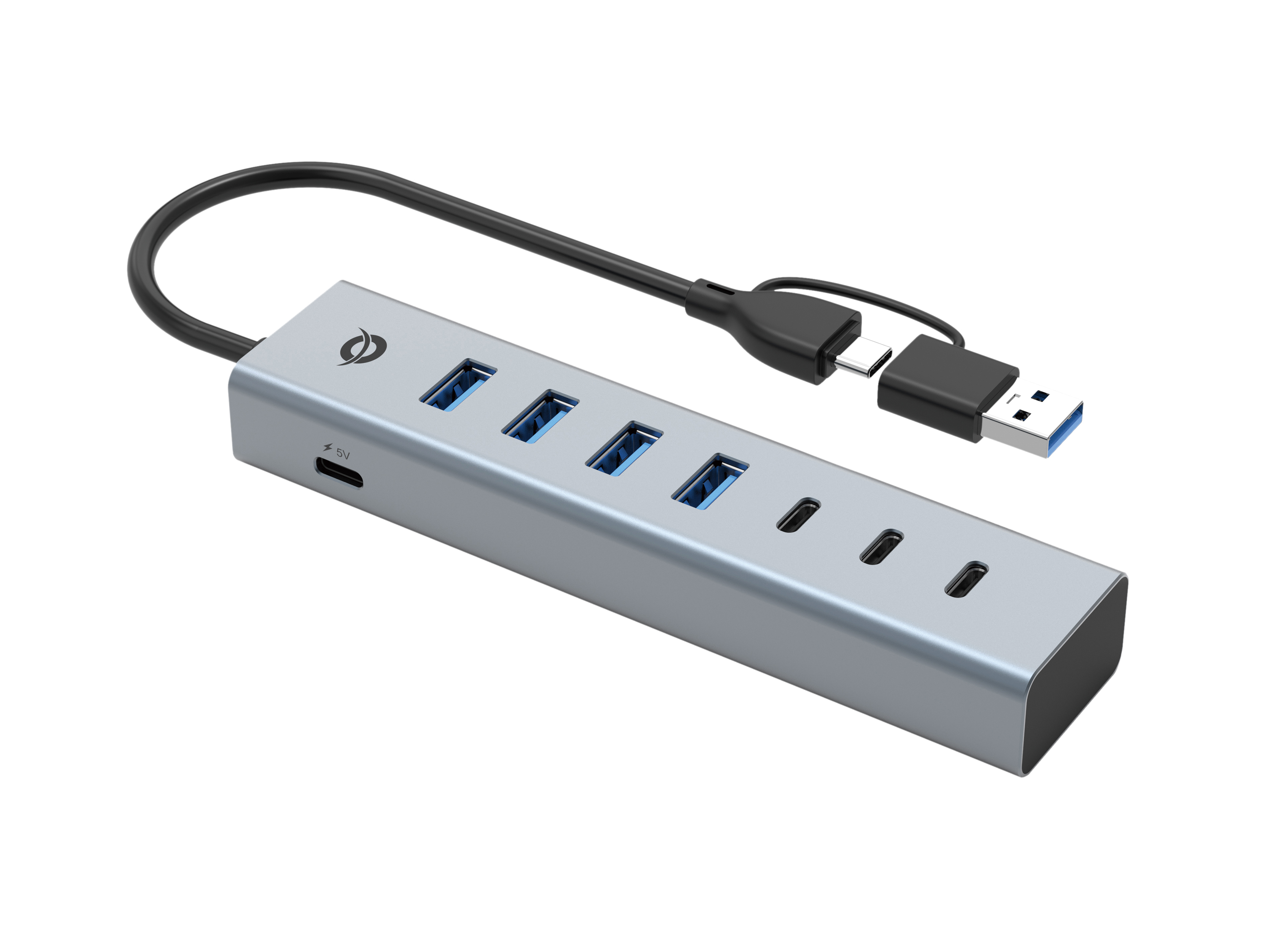 Un hub USB argento con più porte, un cavo nero e connettori USB.