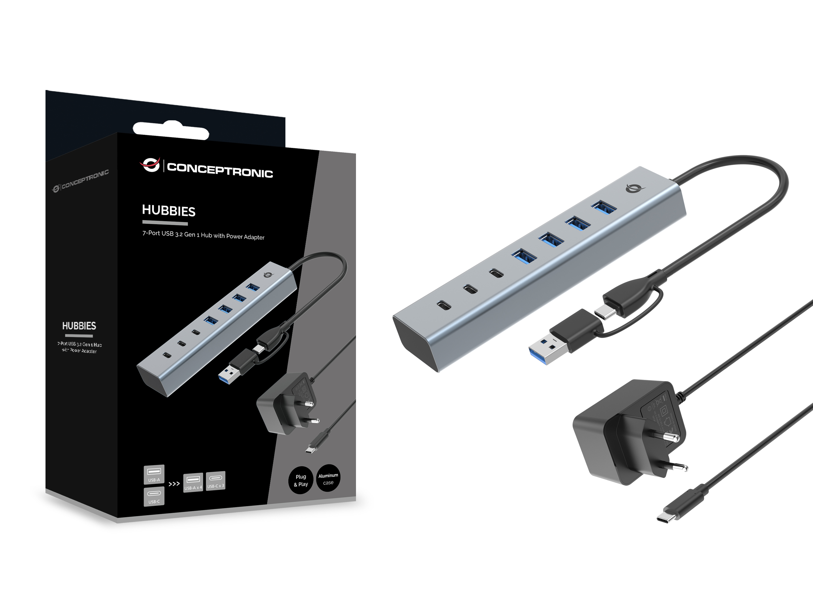 Un hub USB Conceptronic Hubbies a 7 porte con alimentatore, custodia in alluminio e scatola che mostra le sue caratteristiche.