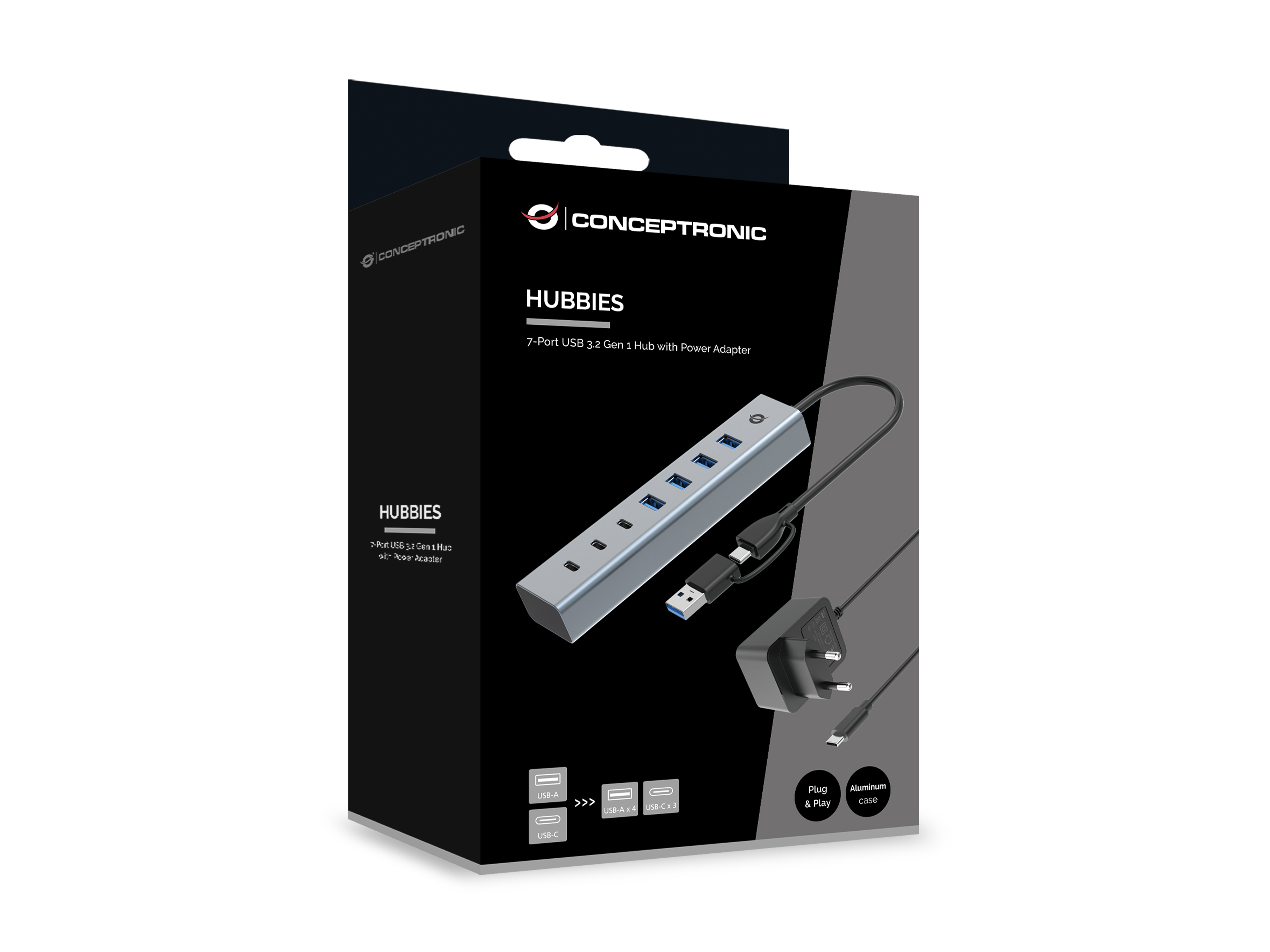 Scatola di un hub USB con adattatore di alimentazione, argento, sfondo nero, marchio Conceptronic, nome del prodotto: Hubbies.