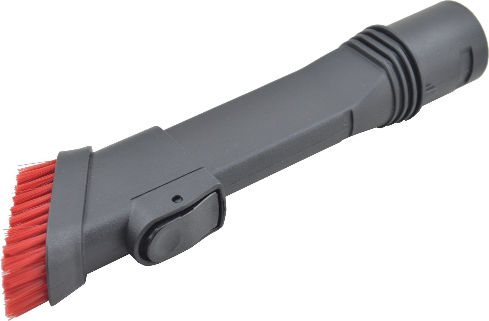 Szara końcówka do odkurzacza z czerwoną szczotką. Końcówka jest kątowa i ma przycisk.