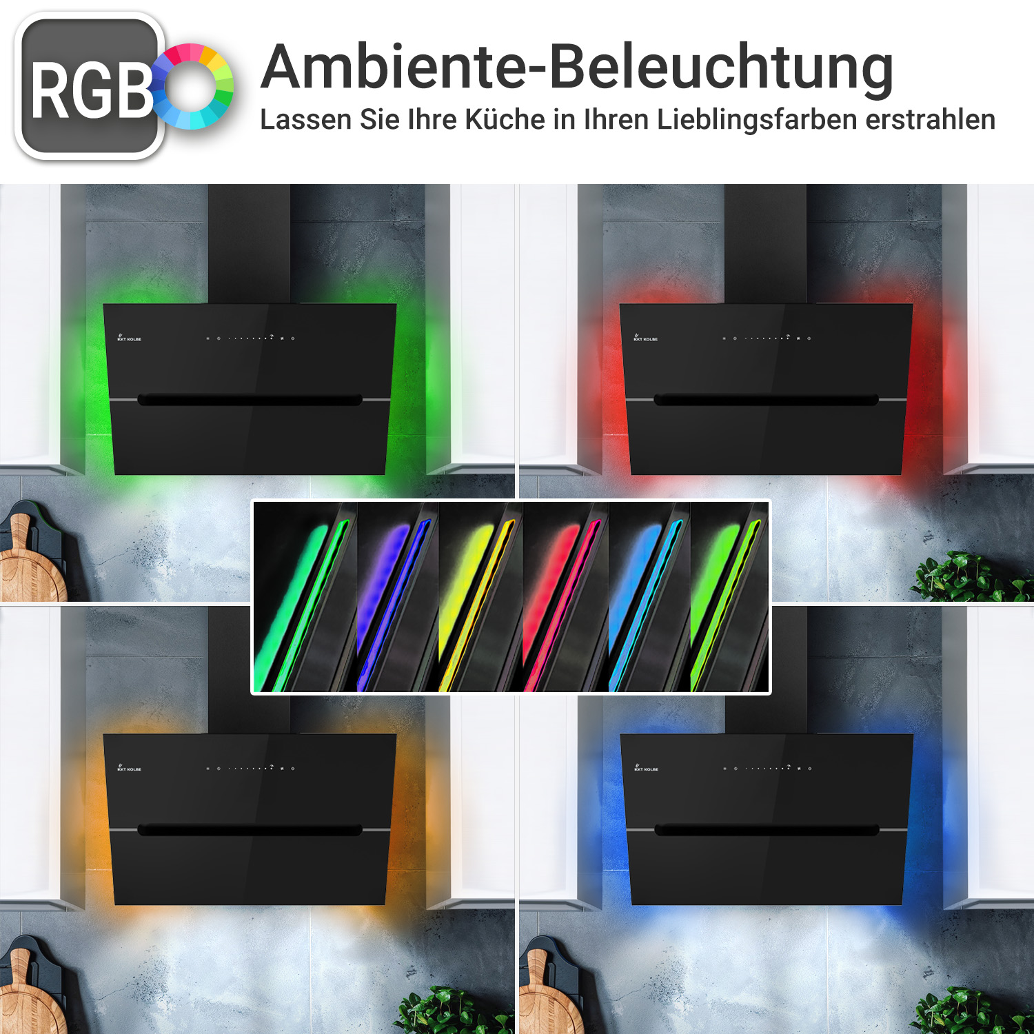 Cappa da cucina nera con luci colorate. Sopra, logo RGB. Testo: 'Illuminazione ambientale' e 'Lascia brillare la tua cucina'.