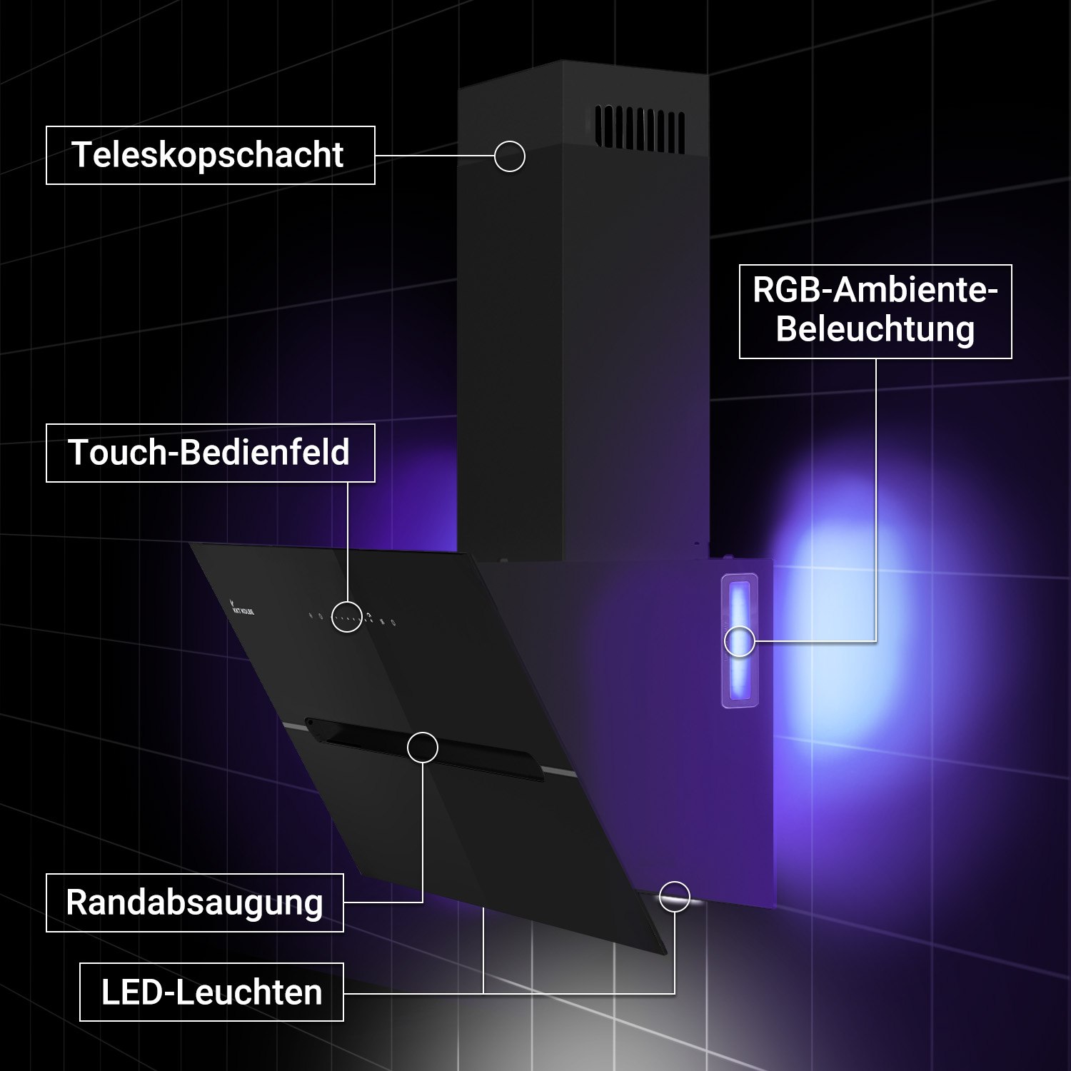 Una cappa da cucina nera con etichette che indicano funzioni come pannello touch, luci a LED e illuminazione ambientale.