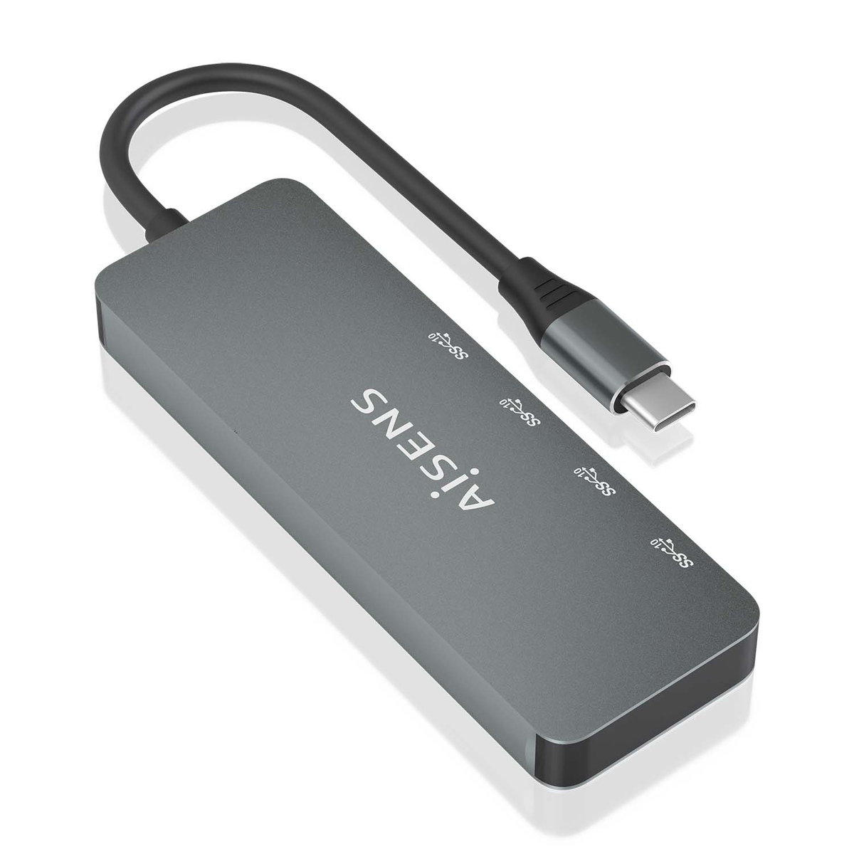 Un concentrador USB-C gris con la marca 'AISENS' impresa. Tiene varios puertos USB y un cable negro conectado.