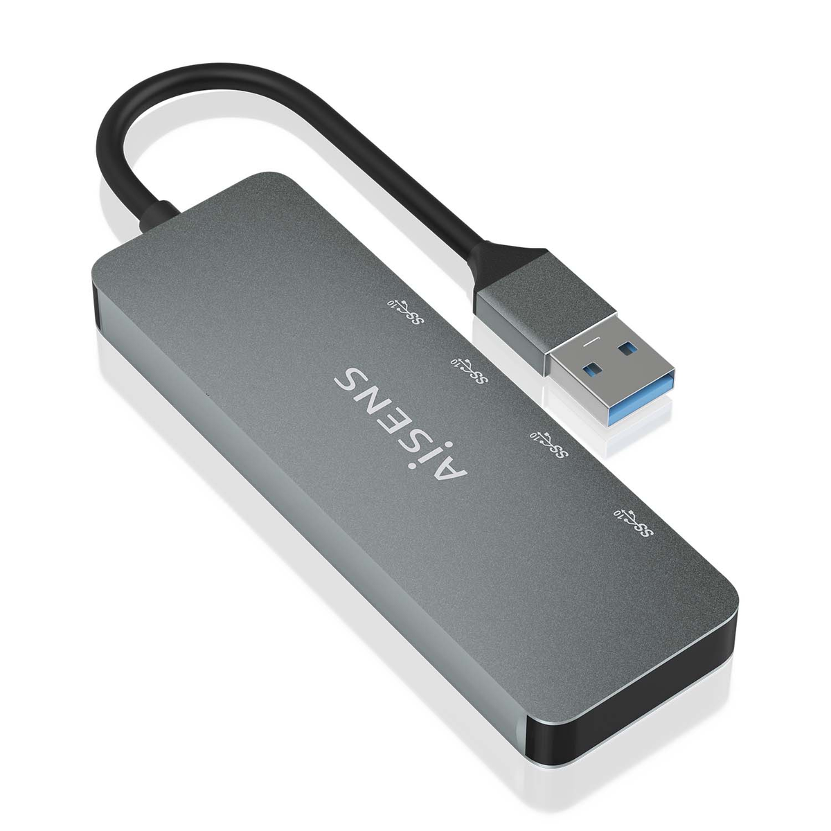 Un concentrador USB gris con un cable negro y un conector USB. El concentrador tiene el nombre de la marca AiSENS impreso.