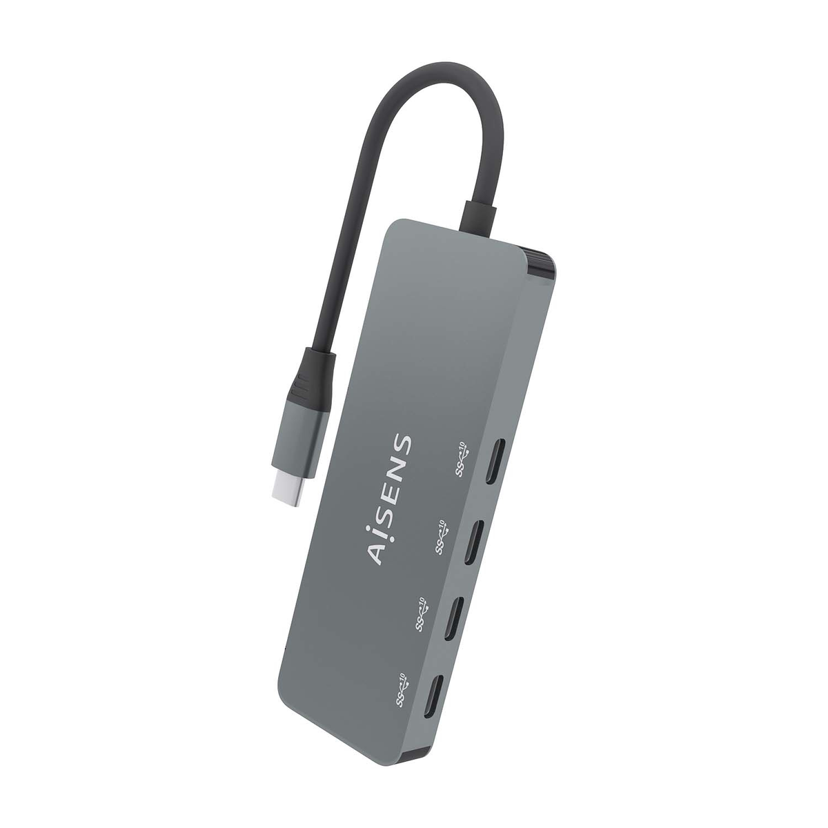 Un concentrador USB-C gris con la marca 'AiSENS'. Tiene varios puertos y un cable USB-C conectado.