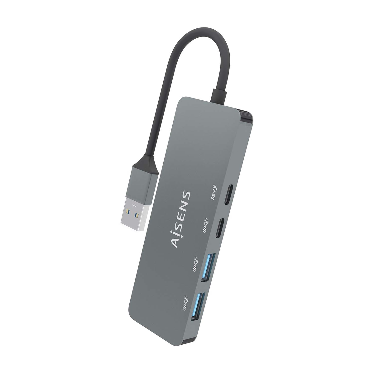 Un concentrador USB gris con la marca 'AiSENS'. Tiene múltiples puertos y un cable USB conectado. El fondo es blanco.