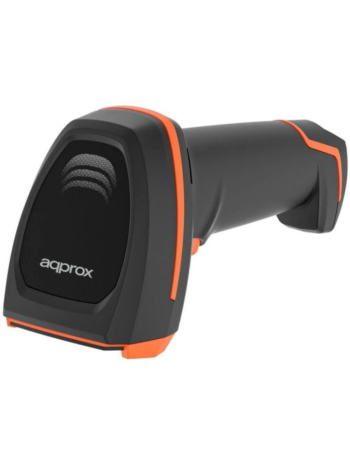 Uno scanner di codici a barre portatile. È nero e grigio con dettagli arancioni. Il marchio aqprox è visibile sul davanti.
