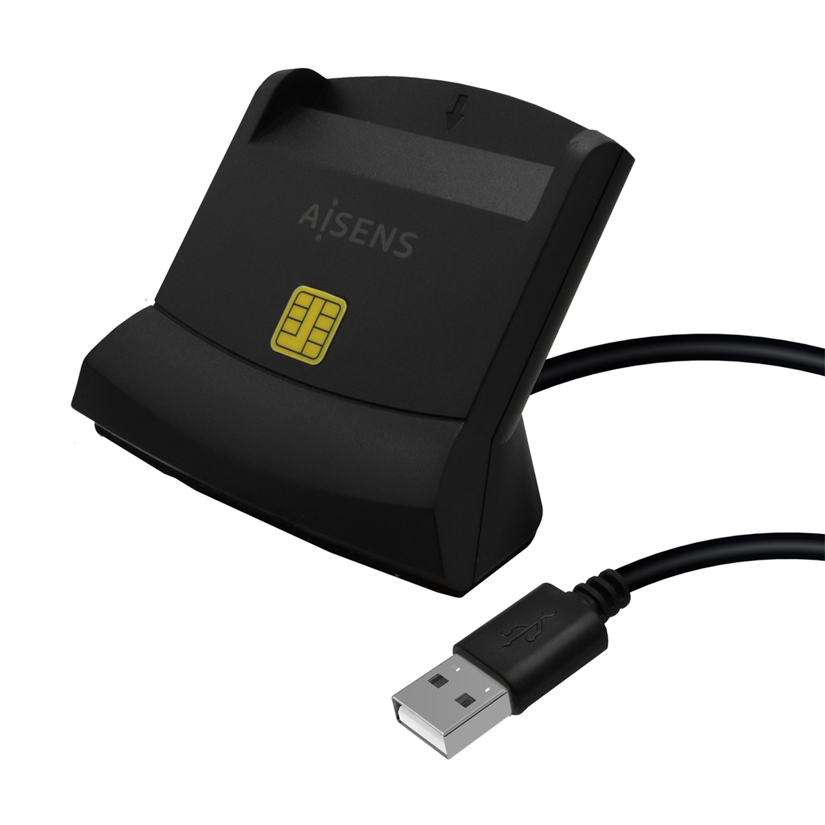 Lector de tarjetas negro con cable USB. El lector tiene el logotipo de AIsens y un símbolo de tarjeta amarilla. El fondo es blanco.