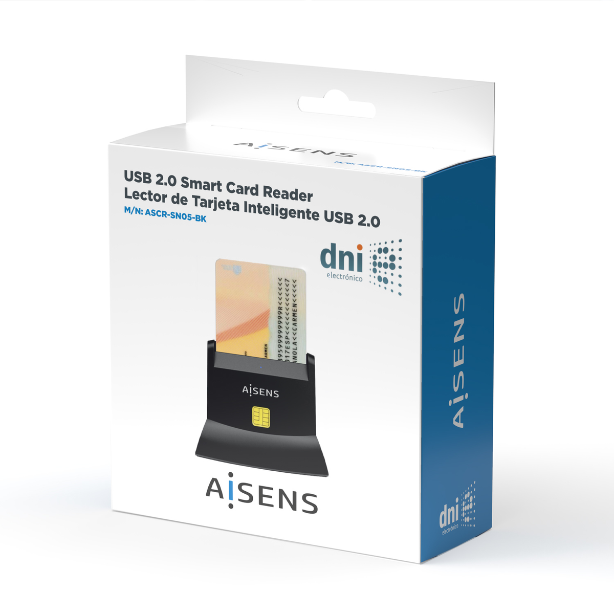 Una caja blanca con un lector de tarjetas inteligentes USB. El lector es negro y una tarjeta está insertada. El texto incluye 'AISENS' y 'dni electrónico'.