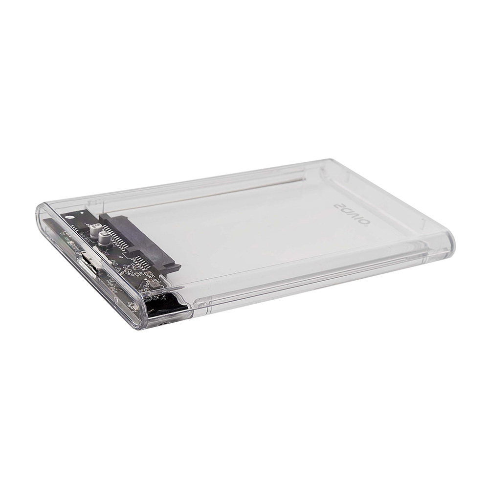 Una carcasa transparente y rectangular para disco duro externo con circuitos internos visibles. Está sobre un fondo blanco.