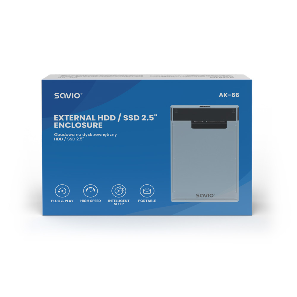 Caja de producto para una carcasa externa HDD/SSD. Tiene la marca SAVIO, el nombre del producto y características como Plug & Play y High Speed.