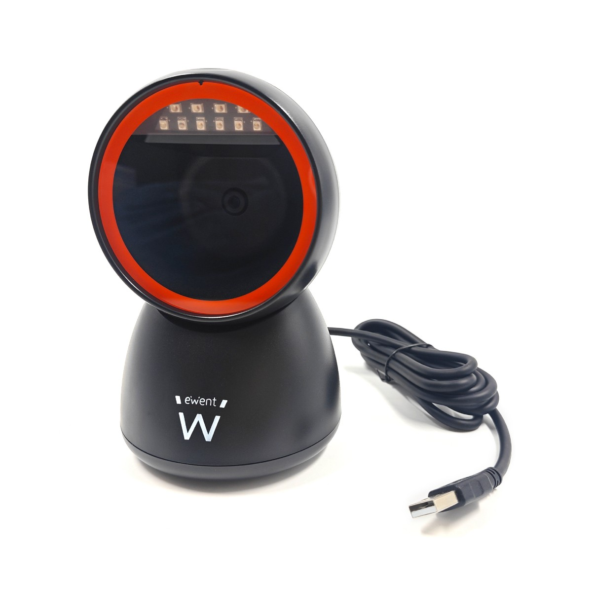 Uno scanner di codici a barre nero con anello arancione, cavo USB e logo 'ewent' su sfondo bianco.