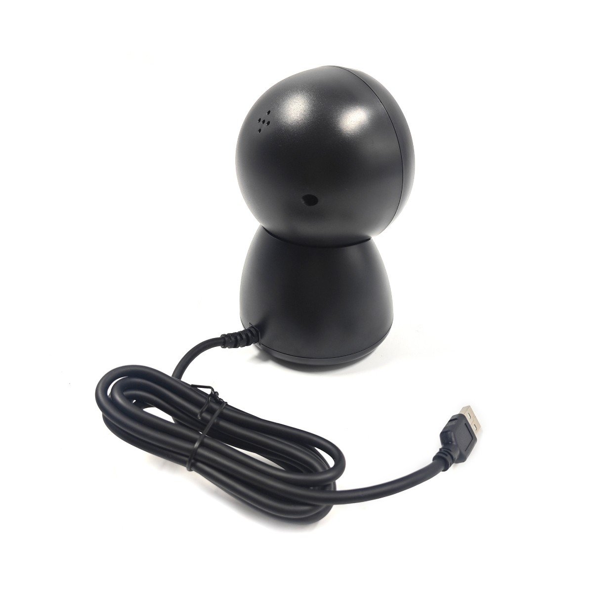 Uno scanner di codici a barre nero con cavo USB collegato è appoggiato su una superficie bianca. Lo scanner è composto da due parti: una parte superiore arrotondata e una base.