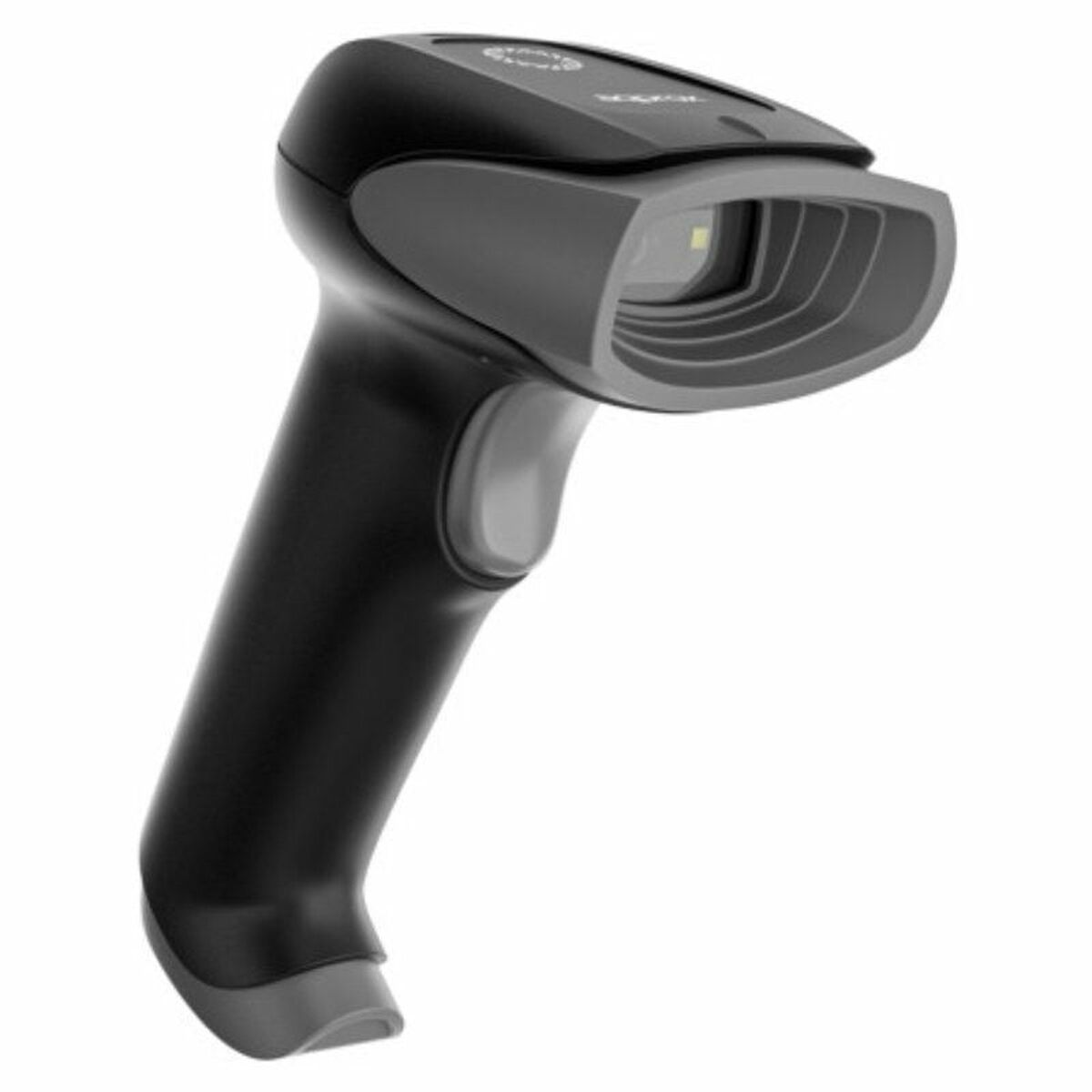 Uno scanner di codici a barre portatile. È nero e grigio. Lo scanner ha un grilletto e una finestra di scansione.
