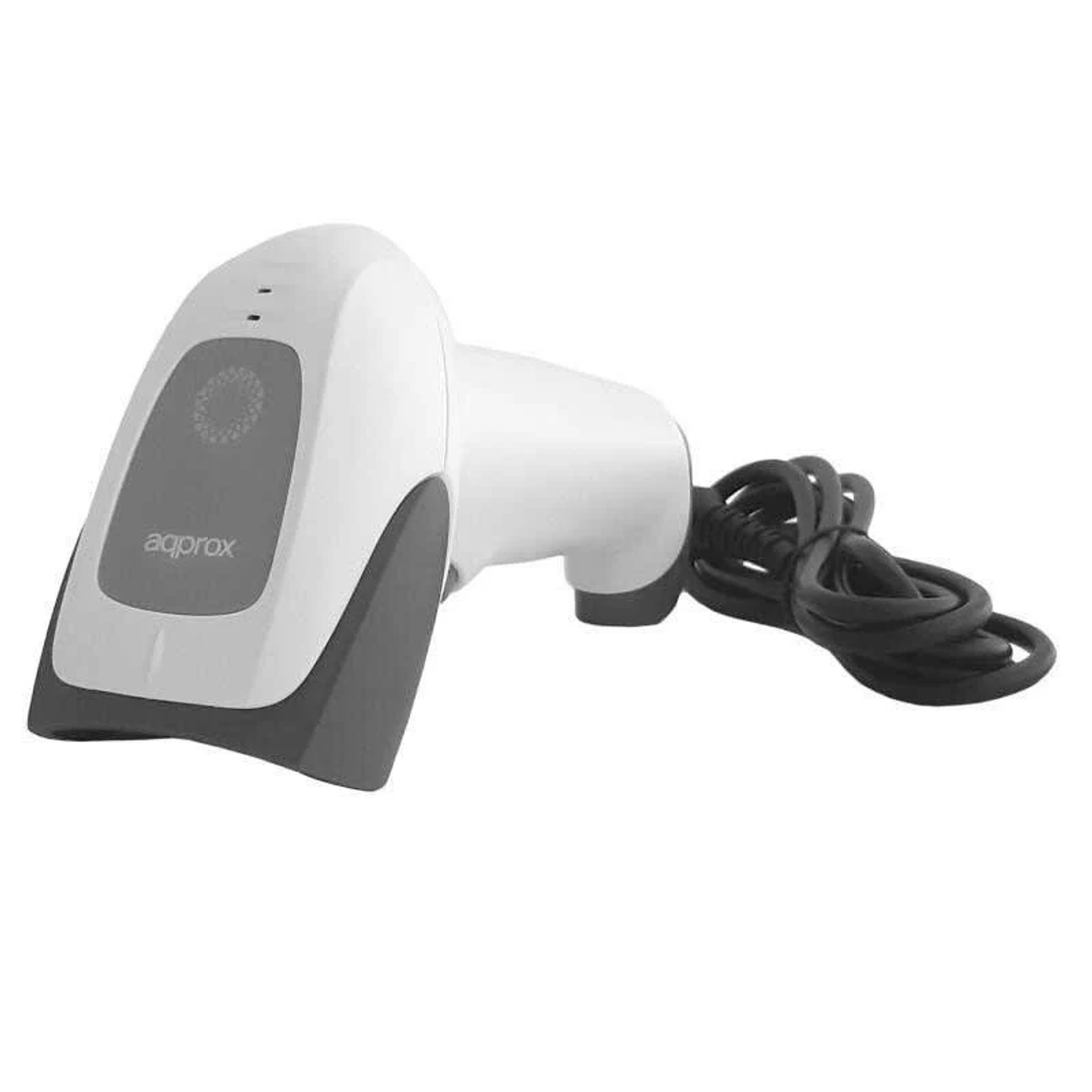 Uno scanner di codici a barre bianco e grigio con un cavo nero. Lo scanner ha il marchio 'aqprox'. È su sfondo bianco.