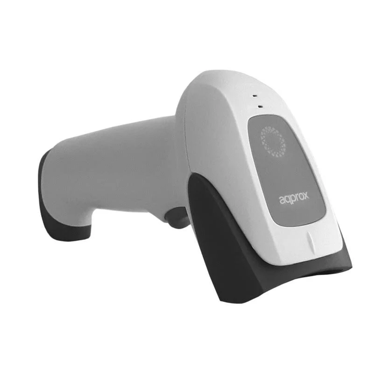 Uno scanner di codici a barre portatile. È bianco e grigio con dettagli neri. Il marchio 'aqprox' è visibile.