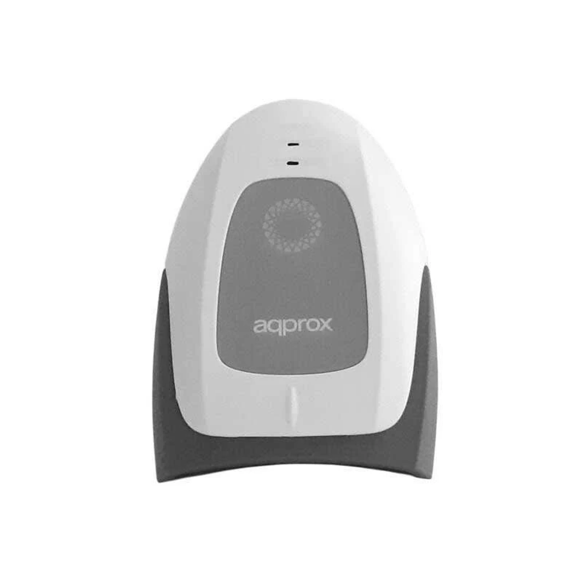 Un dispositivo elettronico bianco e grigio con la scritta 'aqprox'. Due piccole linee sopra un cerchio.