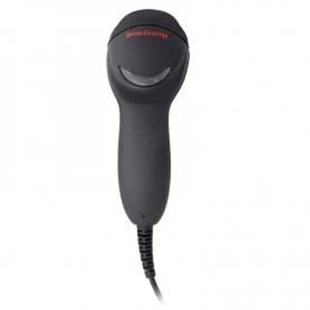 Uno scanner di codici a barre portatile. È per lo più grigio scuro con un'impugnatura nera e un logo rosso. Un cavo si estende dal basso.