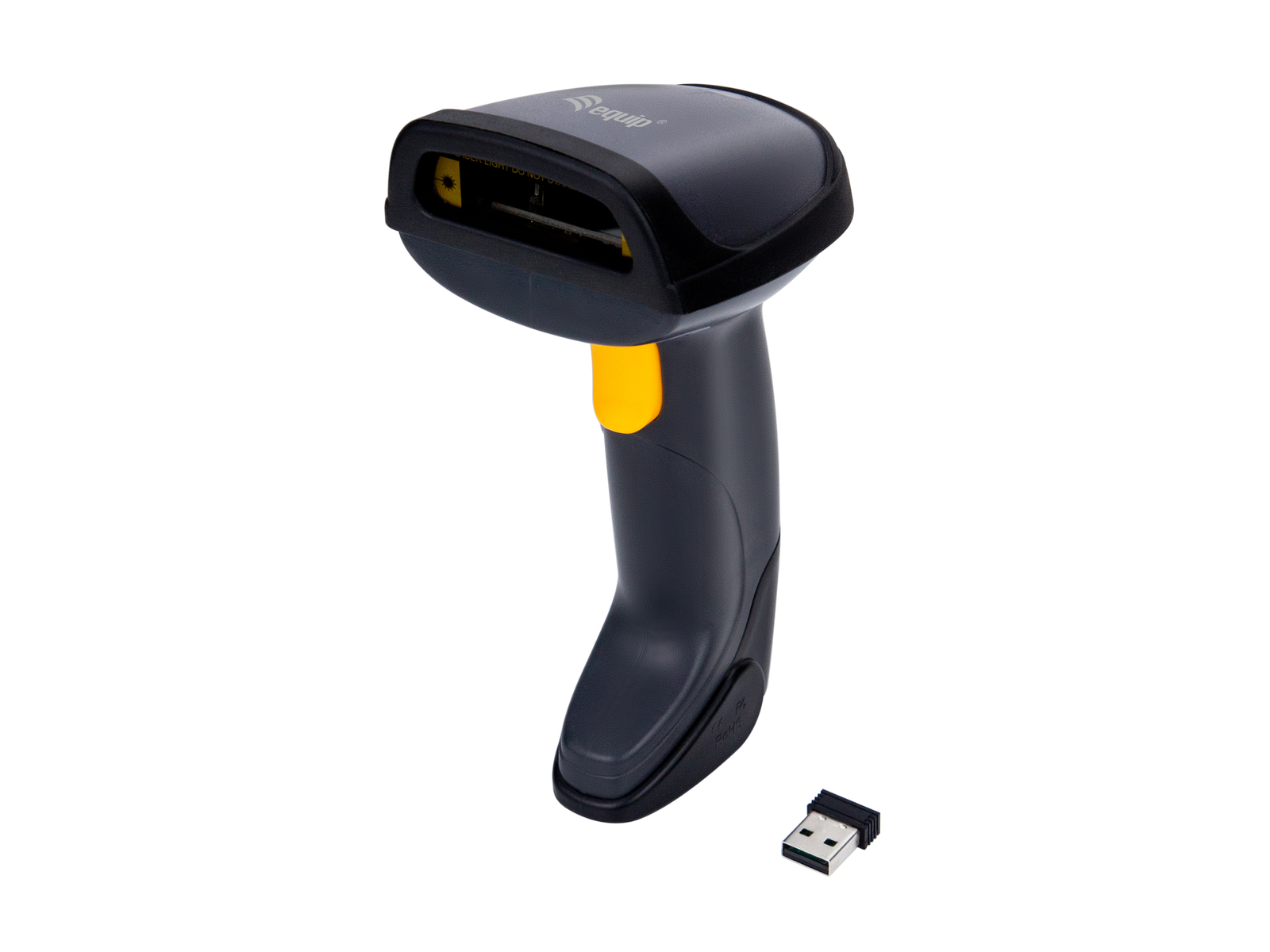 Uno scanner di codici a barre nero e giallo con ricevitore USB. Lo scanner ha un grilletto e una finestra di scansione.