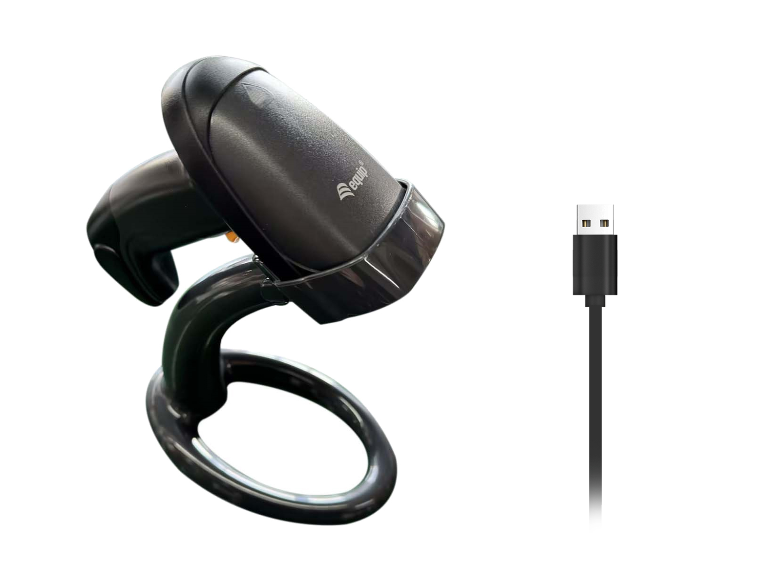 Uno scanner di codici a barre nero con supporto e cavo USB. Lo scanner presenta il marchio 'equip'.