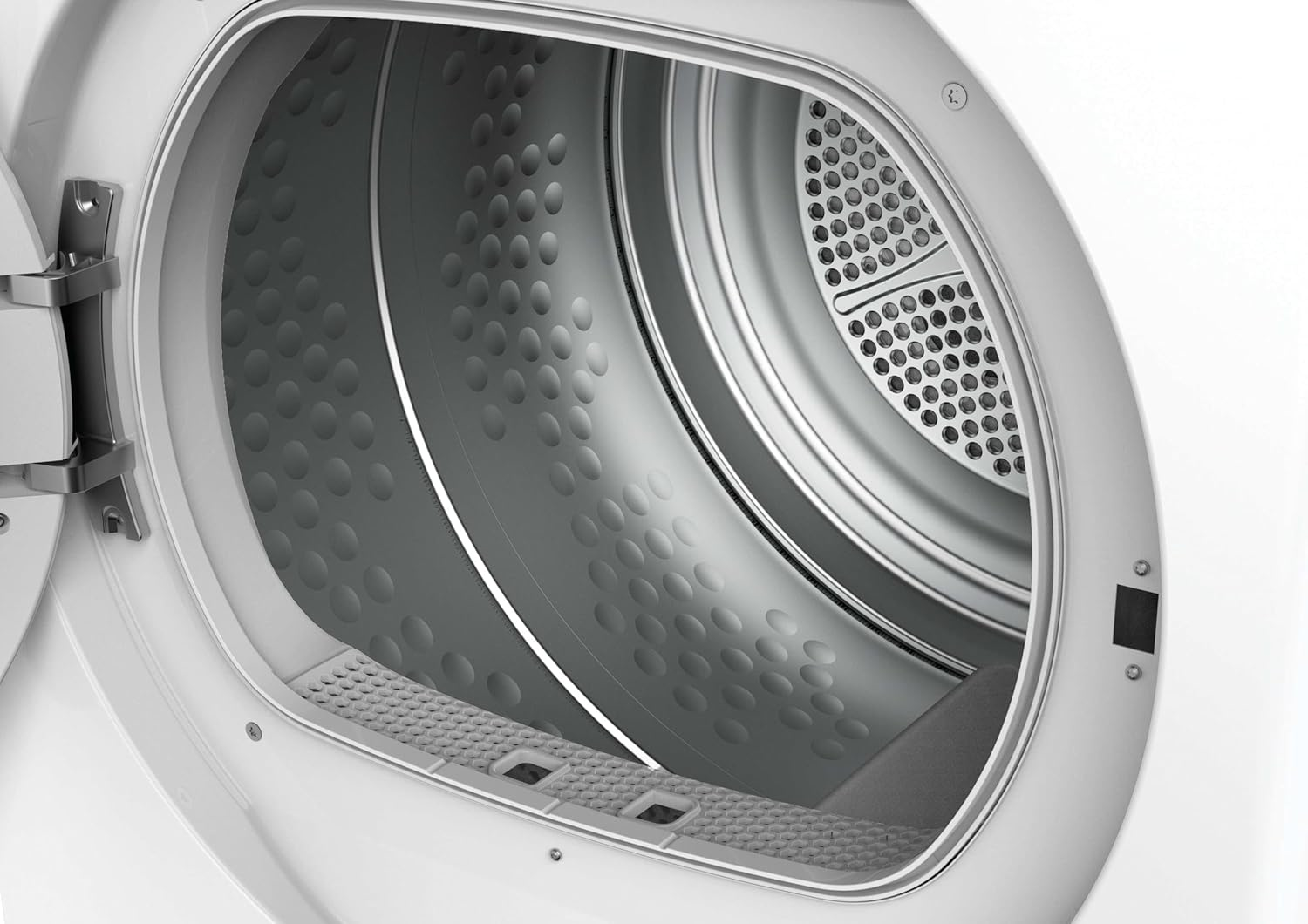 Interno dell'asciugatrice aperto. Ha un retro perforato e un tamburo con fossette. Il telaio della porta è bianco.