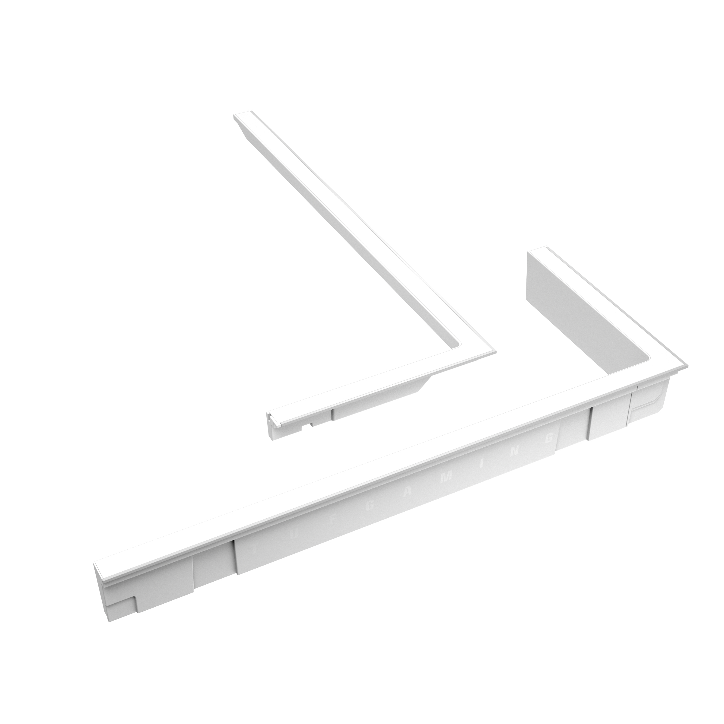 Fragmentos blancos de componentes de computadora con la palabra GAMING. Piezas en forma de L y rectangulares, sobre fondo blanco.