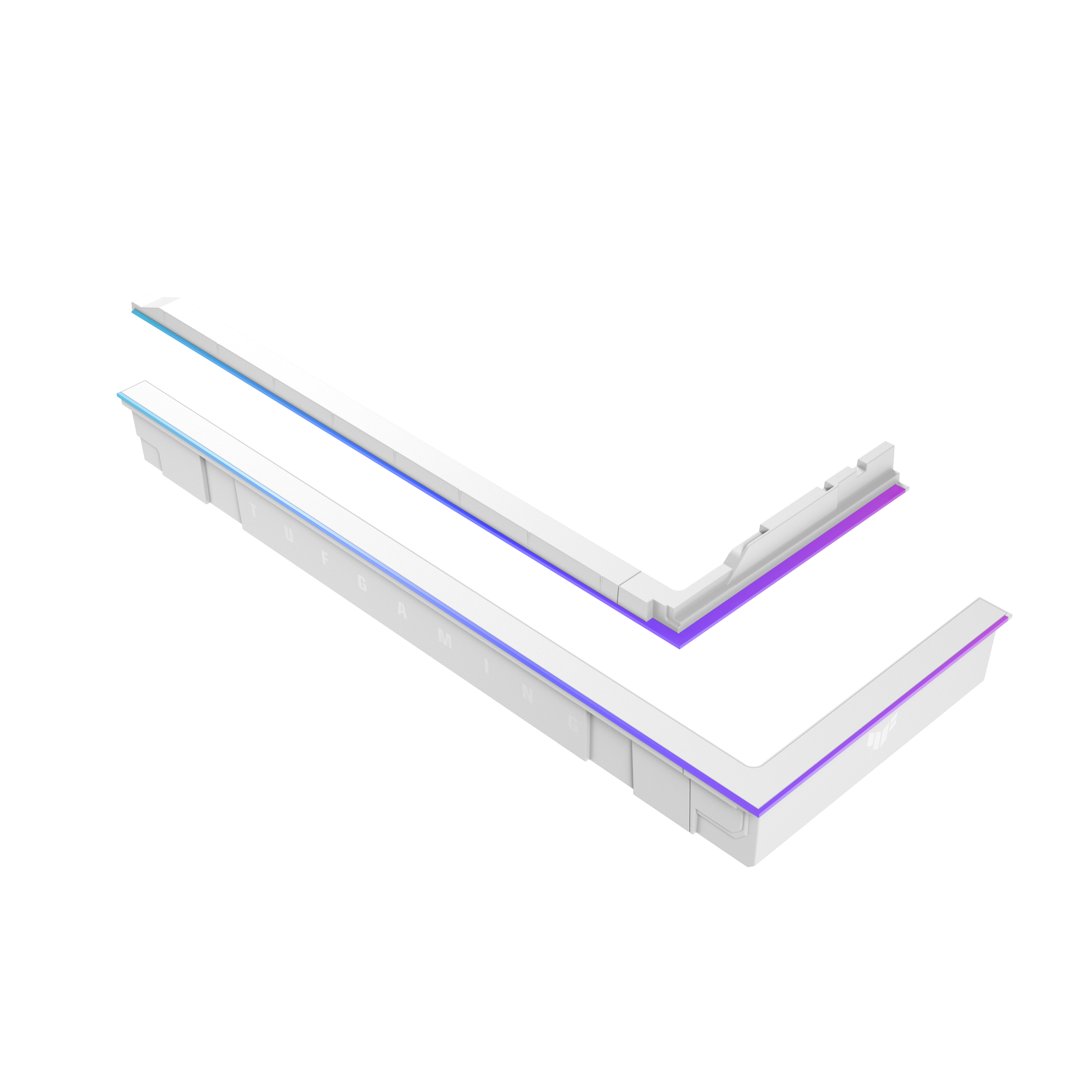 Dos componentes blancos en forma de L para PC de juegos con tiras LED azules y moradas, sobre un fondo blanco.