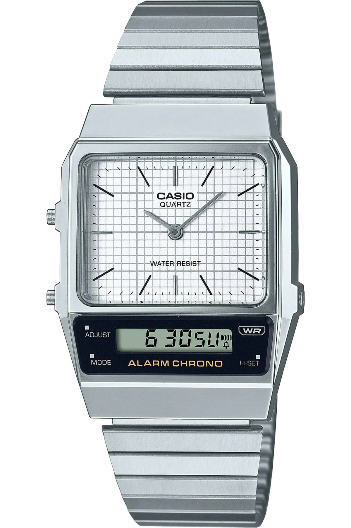 Reloj Casio plateado con esfera cuadrada, agujas analógicas y pantalla digital que muestra la hora y funciones.